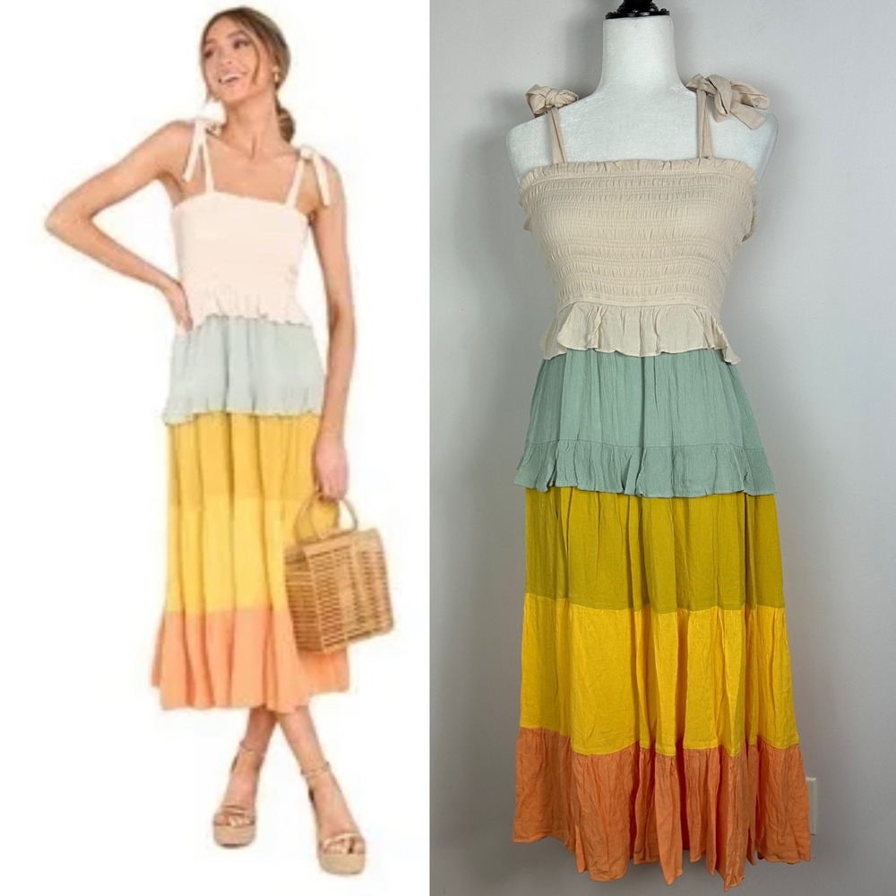 Aaron Amber Tiered Smocked Maxi Dress‎ Womens Size Medium Bohemian MAS2210 Boho